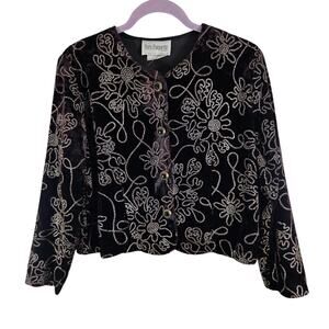 Byer California Très Paquette Black Velvet Dress Jacket Floral Embroidery Ornate